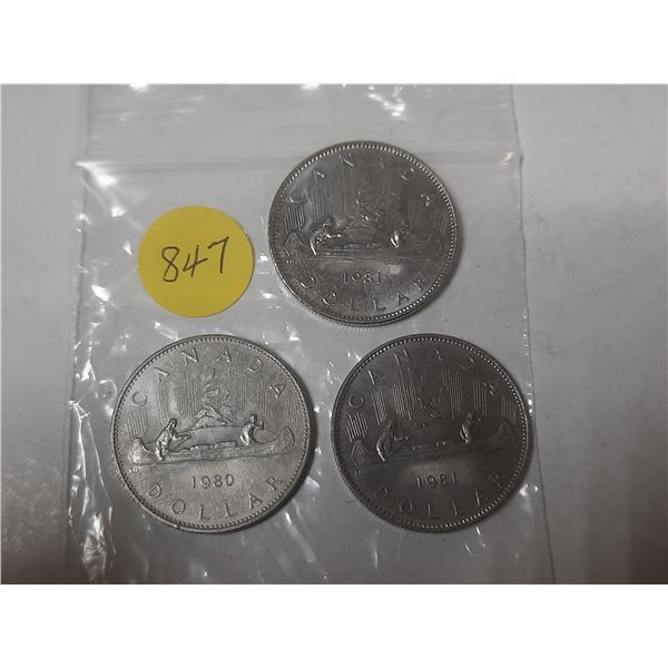 3 canadian 1 dollar coins- 1980, 1981