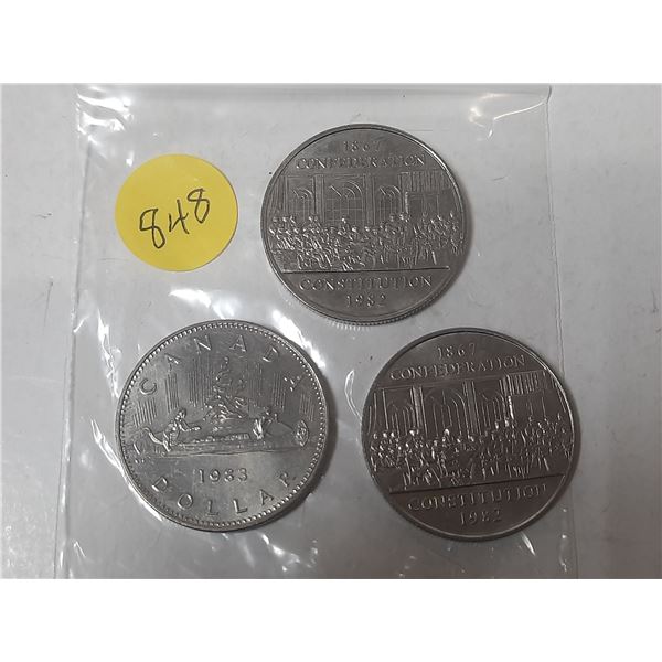 3 canadian 1 dollar coins- 1982,1983