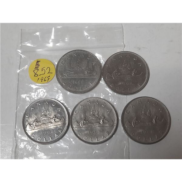 5 canadian 1 dollar coins- 1968
