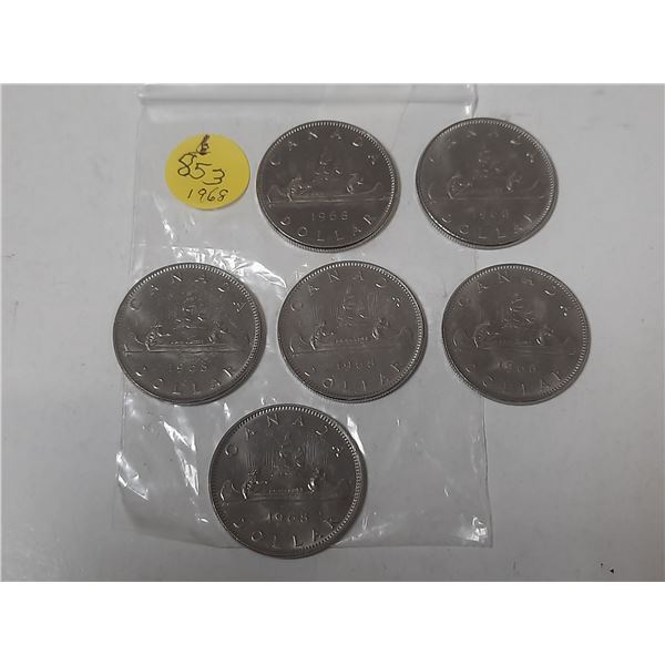 6 canadian 1 dollar coins- 1968
