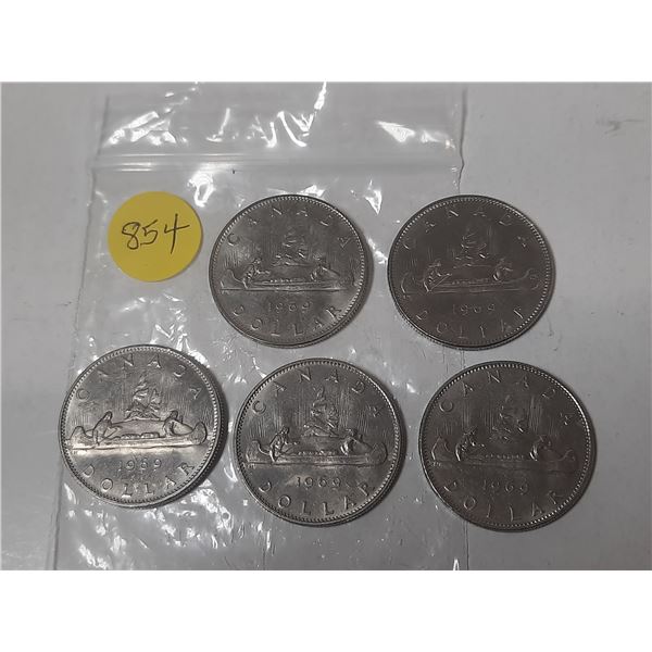 5 canadian 1 dollar coins- 1969