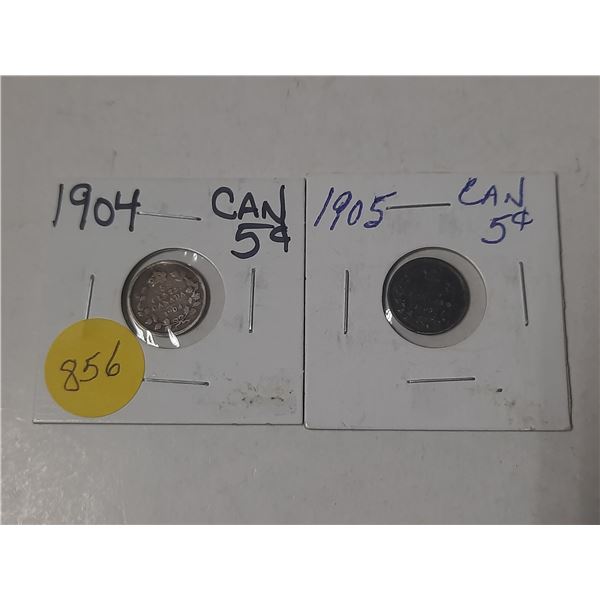 2- canadian silver 5 cent coins- 1904 and 1905