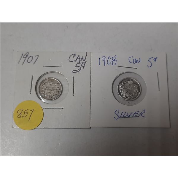 2- canadian silver 5 cent coins- 1907 and 1908