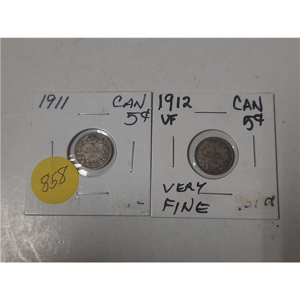 2- canadian silver 5 cent coins- 1911 and 1912