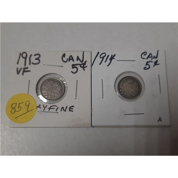 2- canadian silver 5 cent coins- 1913 and 1914