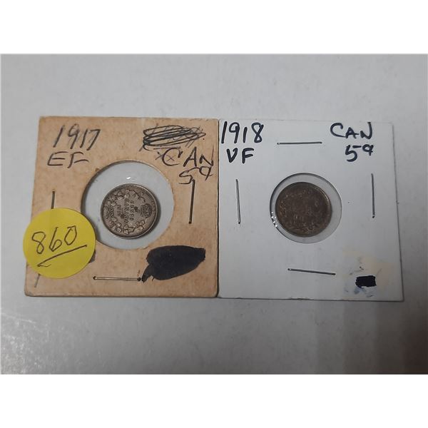 2- canadian silver 5 cent coins- 1917 and 1918