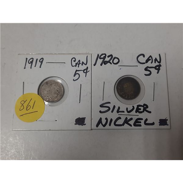 2- canadian silver 5 cent coins- 1919 and 1920