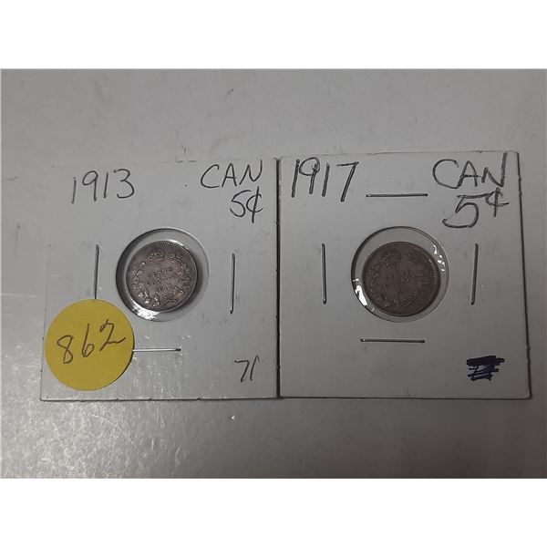 2- canadian silver 5 cent coins- 1913 and 1917