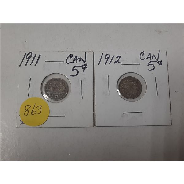 2- canadian silver 5 cent coins- 1911 and 1912