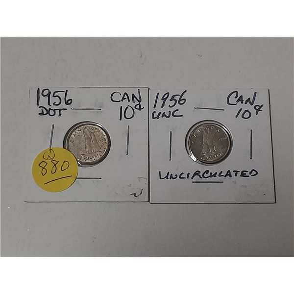 2- 1956 canadian 10 cent coins- 1- dot and 1 is uncirculated