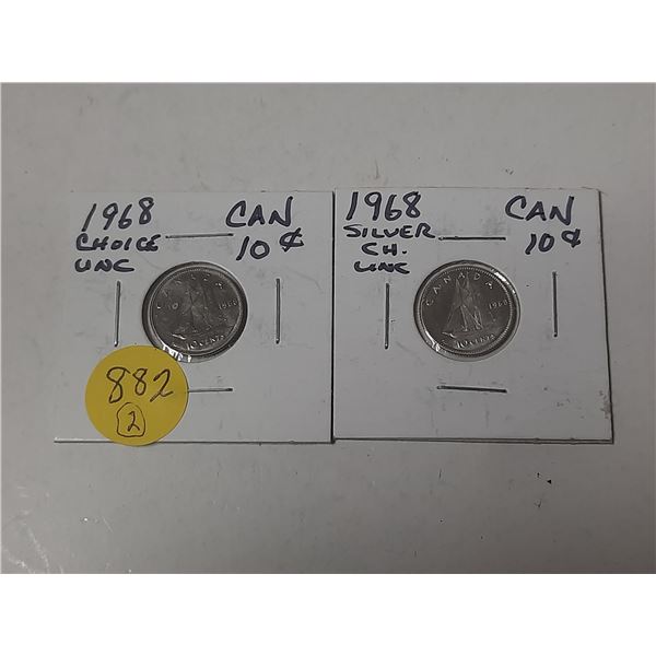 2- 1968 canadian 10 cent silver coins- uncirculated
