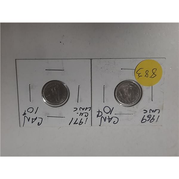 2- 1969 and 1971 canadian 10 cent silver coins- uncirculated