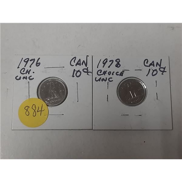 2- 1976 and 1978 canadian 10 cent silver coins- uncirculated
