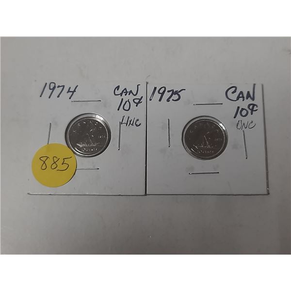 2- 1974 and 1975 canadian 10 cent silver coins- uncirculated