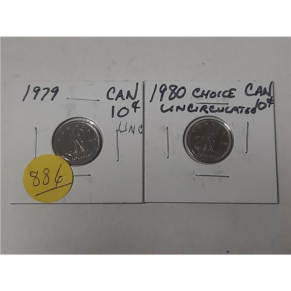 2- 1979 1980 canadian 10 cent silver coins- uncirculated