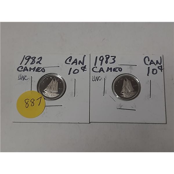 2- 1982 and 1983 canadian 10 cent silver coins- uncirculated- both cameo