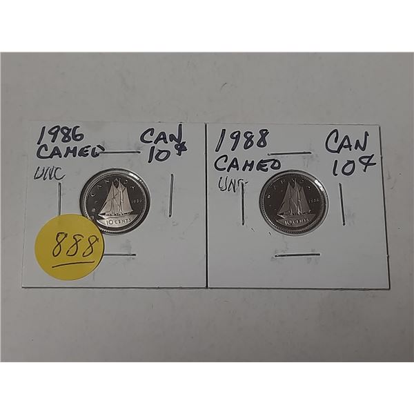 2- 1986 and 1988 canadian 10 cent silver coins- uncirculated- both cameo