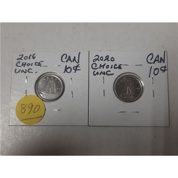 2- 2016 and 2020 canadian 10 cent silver coins- uncirculated- both cameo