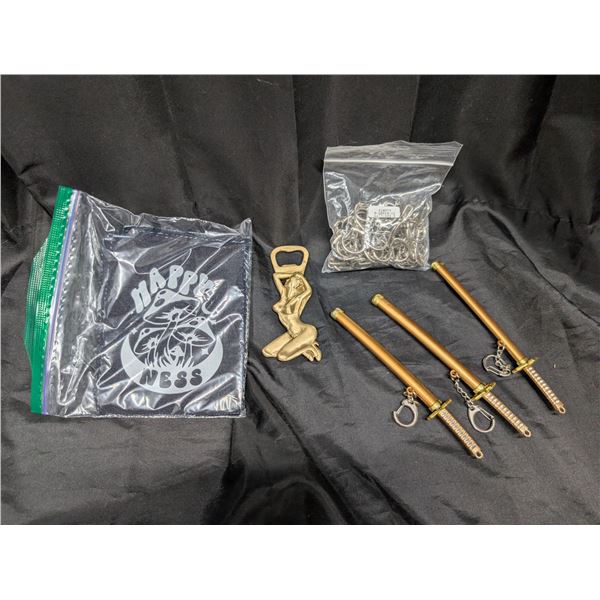 (3) Samurai Keychain Blades , Possible Brass Bottle Opener, and etc.