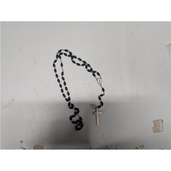 Black Plastic Beaded Design Necklace w/ Cross