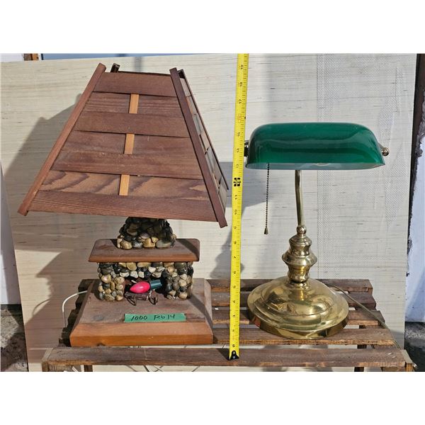 (2) Vintage Lamps - Banker's Lamp, Fireplace w/ Bulb "Fire"