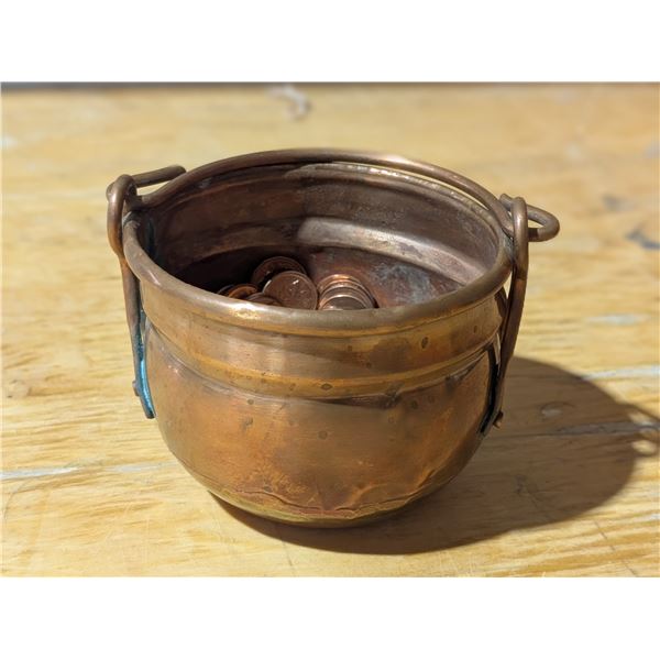 Copper Pot w/ Misc. Dated Canadian pennies and Roll of Pennies