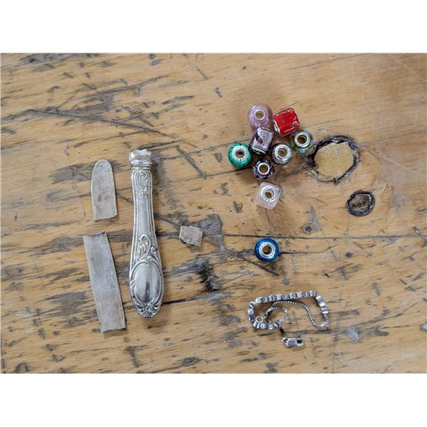 9.25 Silver Jewelry Beads and Broken "800" Stamped Silver Handle Knife