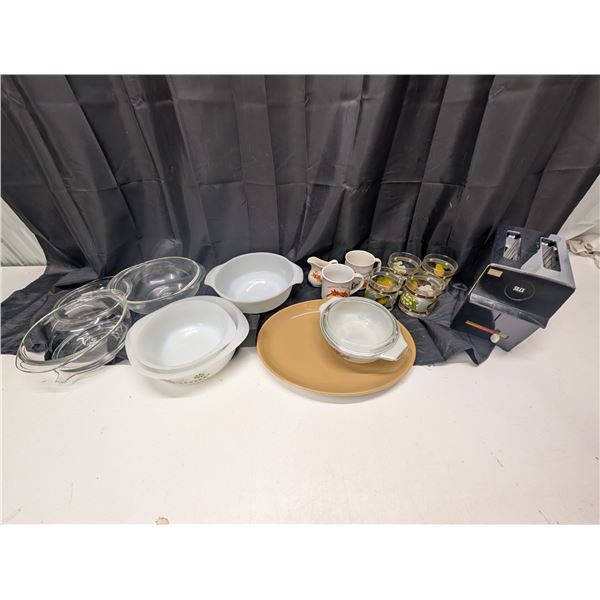 Misc. Glassware, Corning Ware, Pyrex and Vintage Toaster (not Tested)