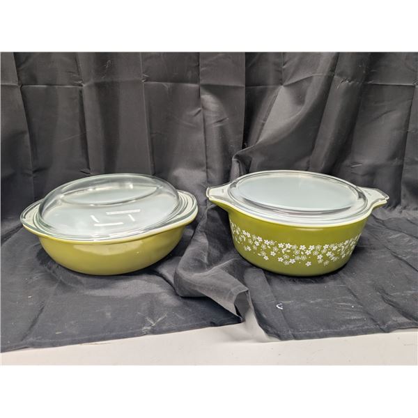 (2) Pyrex Green Cooking Dishware w/ Pyrex Lids (1) 2L (1) 2.5L