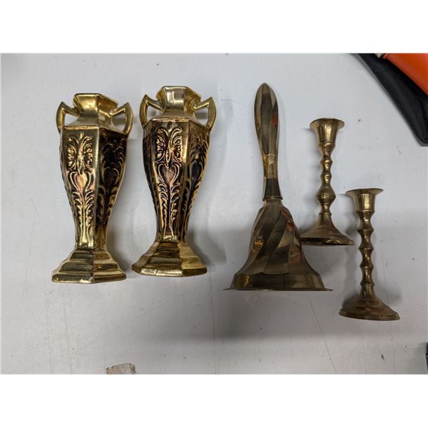 Lot of Miniature Brass Items (Candle Sticks, Bell) and Fake Brass Vases
