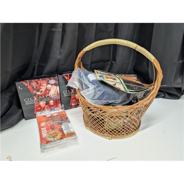 Wood Whicker Basket w/ Hockey items and etc. Items