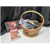 Image 1 : Wood Whicker Basket w/ Hockey items and etc. Items