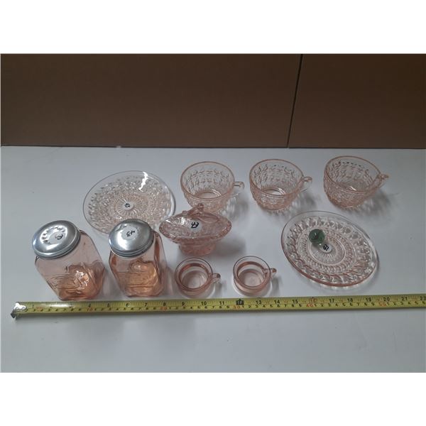 11 Pc. Pink Depression Glass - Salt Pepper Shakers and Cup Saucer. (One Cup Have Chip)