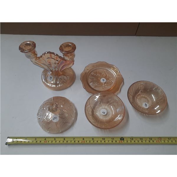 Pink Depression Glass Candle Holder, Butter Dish (2) Fruit Nappies.