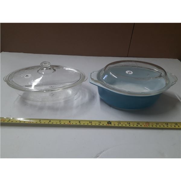 (2) Antique Casserole Dishes - 1 Blue Pyrex (It Have Chip Only On Lid) - 1 Clear Glass (It Have Chip