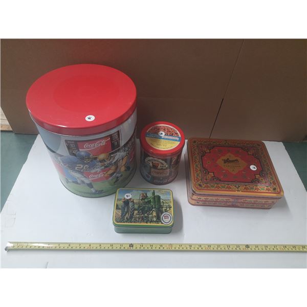 Collectors Tins -  (2) Coca Cola, (1) John Deere, (1) Whitman's Candles.