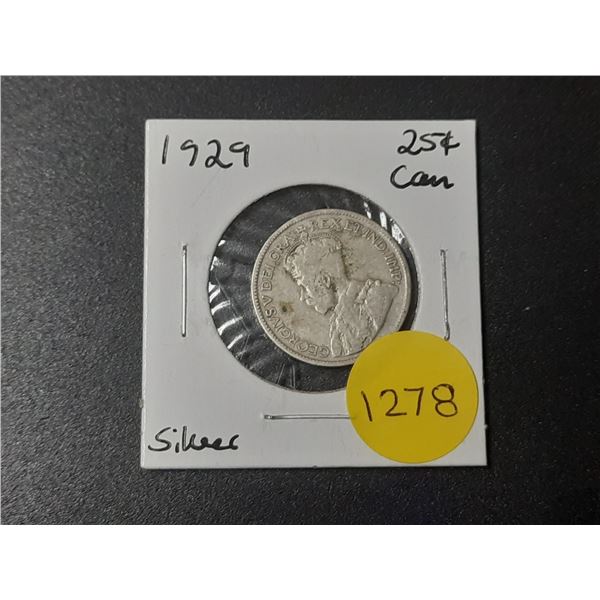 1929 Canadian Silver Twenty Five Cents