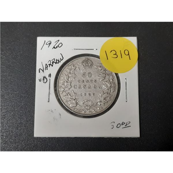 1920 Canadian Silver Fifty Cents - Narrow 0.