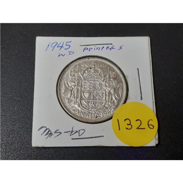 1945 WD Canadian Silver Fifty Cents - Pointed 5