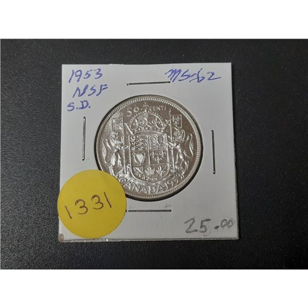 1953 NSF SD Canadian Silver Fifty Cents.