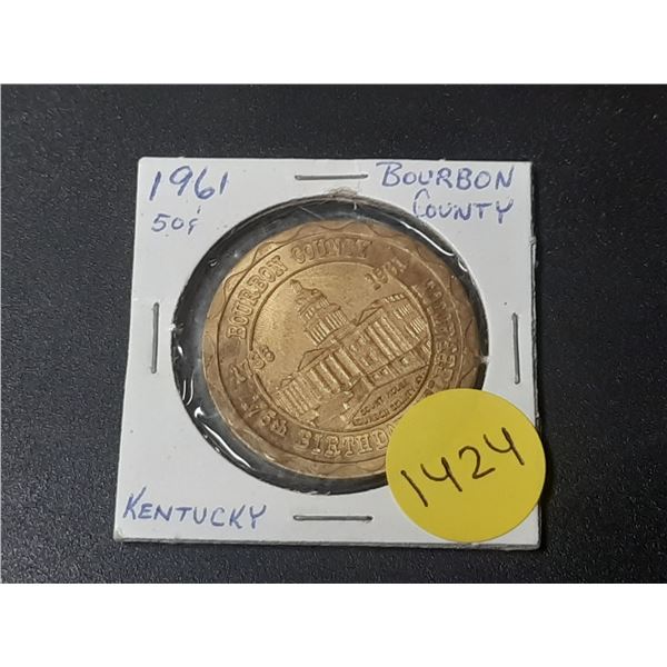 1961 Bourbon County, Kentucky Half Dollar Brass Token