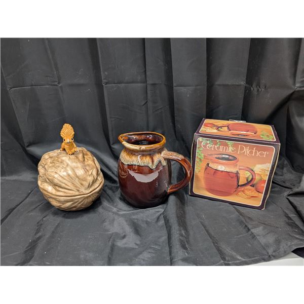 (2)Vintage Ceramic Pieces (Squirrel and walnut Tray and lid and Pitcher w/ Original Box)