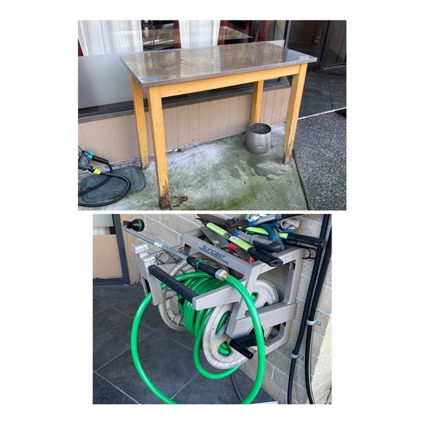 Hose reel w/ gardening tools & table w/ stainless steel top