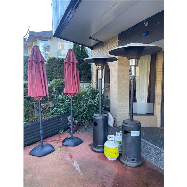 Outdoor gas heaters (x2) w/ propane tanks & extra tanks & (x2) Outdoor umbrellas - Tested & working