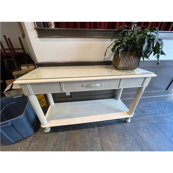 White side table w/ glass top & faux plant