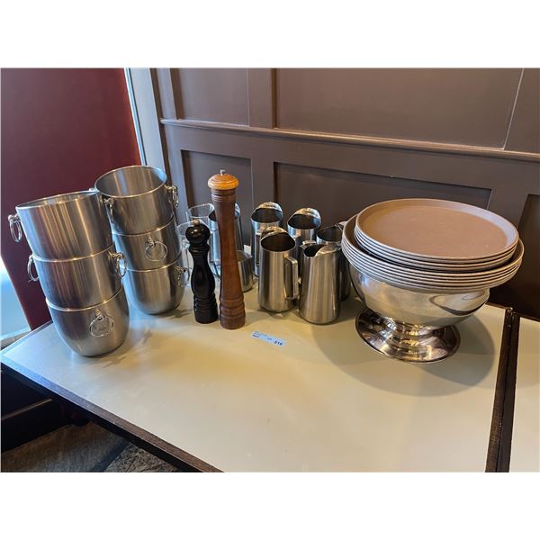 Group - Ice buckets, trays, S&P mils, water pitchers & large stainless bowl