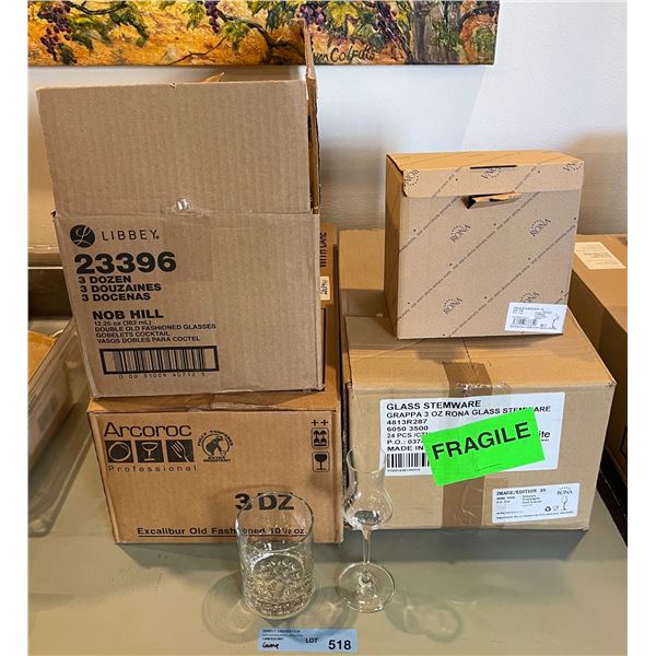 Glass Grappa flutes (Approx. 24) & short glass rocks glasses (Approx. 4.5 Dozen)