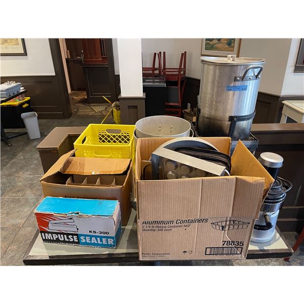 Group - Gas hotplate w/ pot, misc. stainless pots, juicer, impulse sealer, glasses, etc.