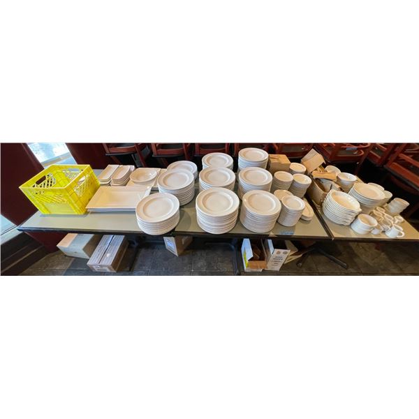 Large group of dinnerware, plates, ramekins, serving dishes, etc.