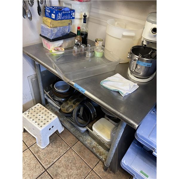 Stainless steel table & contents including baking tins, trays, sheets, etc. (Under table) - 48x30x36